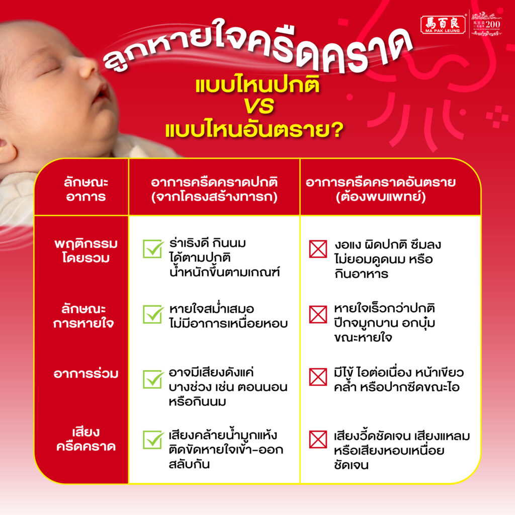 ไขข้อข้องใจ ลูกหายใจครืดคราด เกิดจากอะไร? พร้อมวิธีแก้เบื้องต้น 3 อินโฟกราฟิกเปรียบเทียบอาการหายใจครืดคราดในทารกที่ "ปกติ" กับ "อันตราย" มีรายละเอียดดังนี้:
หัวข้อหลัก: ลูกหายใจครืดคราด แบบไหนปกติ VS แบบไหนอันตราย?
ส่วนประกอบ: ตารางเปรียบเทียบอาการ 4 หัวข้อหลัก
พฤติกรรมโดยรวม:
ปกติ (ปกติจากโครงสร้างทารก): ร่าเริงดี กินนมได้ตามปกติ น้ำหนักขึ้นตามเกณฑ์ (มีเครื่องหมายถูก)
อันตราย (ต้องพบแพทย์): งอแง ผิดปกติ ซึมลง ไม่ยอมดูดนม หรือกินอาหาร (มีเครื่องหมายกากบาท)
ลักษณะการหายใจ:
ปกติ: หายใจสม่ำเสมอ ไม่มีอาการเหนื่อยหอบ (มีเครื่องหมายถูก)
อันตราย: หายใจเร็วกว่าปกติ ปีกจมูกบาน อกบุ๋มขณะหายใจ (มีเครื่องหมายกากบาท)
อาการร่วม:
ปกติ: อาจมีเสียงดังแค่บางช่วง เช่น ตอนนอนหรือกินนม (มีเครื่องหมายถูก)
อันตราย: มีไข้ ไอต่อเนื่อง หน้าเขียวคล้ำ หรือปากซีดขณะไอ (มีเครื่องหมายกากบาท)
เสียงครืดคราด:
ปกติ: เสียงคล้ายน้ำมูกแห้ง ติดขัดหายใจเข้า-ออกสลับกัน (มีเครื่องหมายถูก)
อันตราย: เสียงวี๊ดชัดเจน เสียงแหลม หรือเสียงหอบเหนื่อยชัดเจน (มีเครื่องหมายกากบาท)
รูปภาพ: ด้านซ้ายบนมีรูปทารกกำลังหลับ
โลโก้: ด้านขวาบนมีโลโก้ Ma Pak Leung